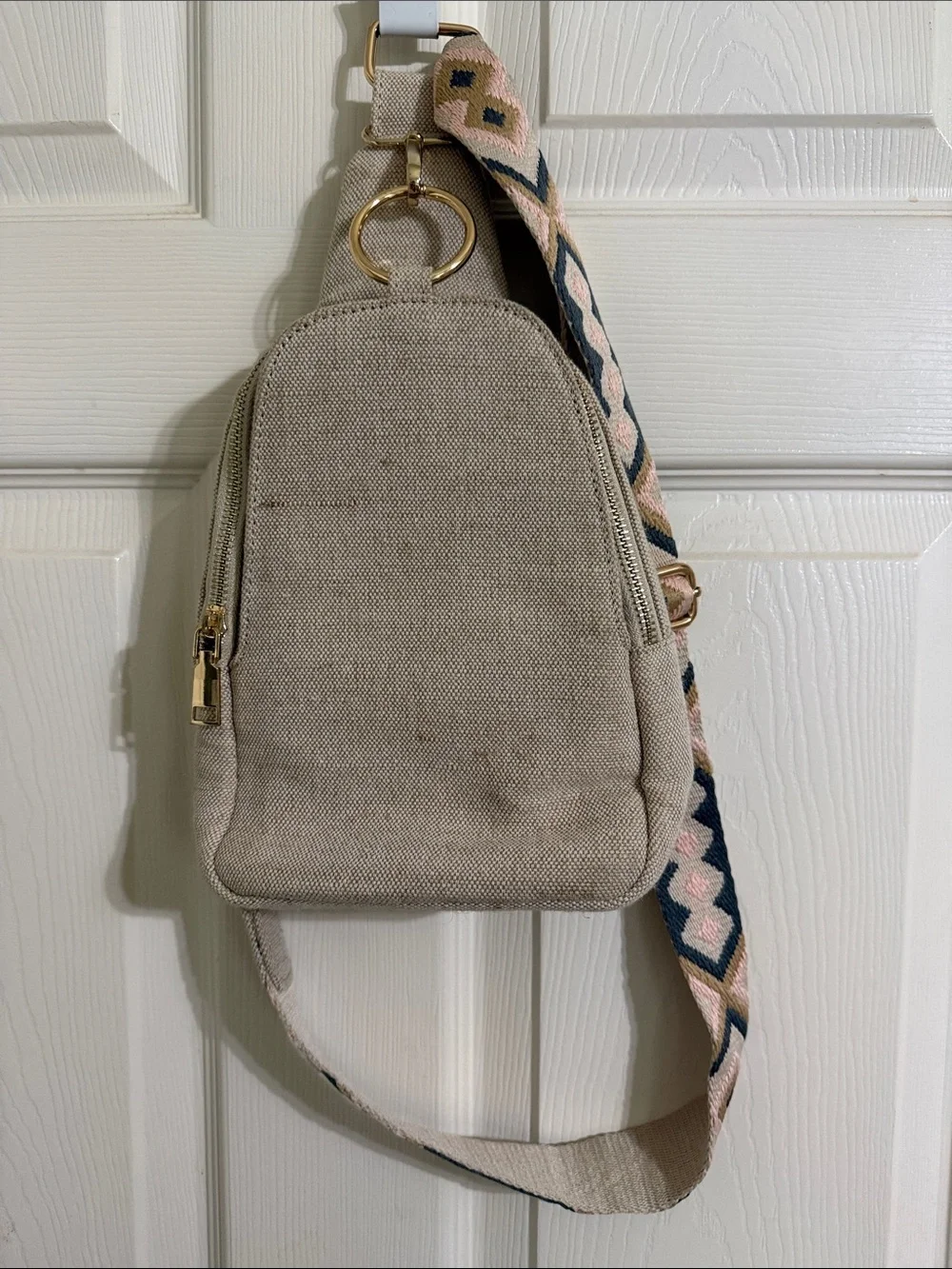 Neutral Canvas Crossbody Sling Bag with Patterned Strap total 3 big pockets